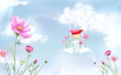 Summer, Sky, Flowers, Swing