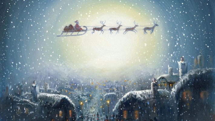 Santas Sleigh over a City